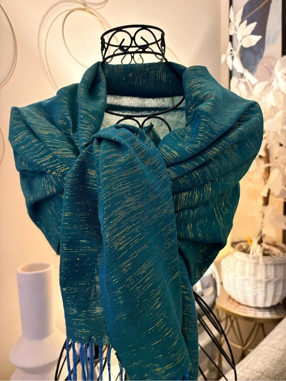 Textured Teal Woven Gold Metallic Thread Blue Fringe Wrap Scarf 21”x 65”
